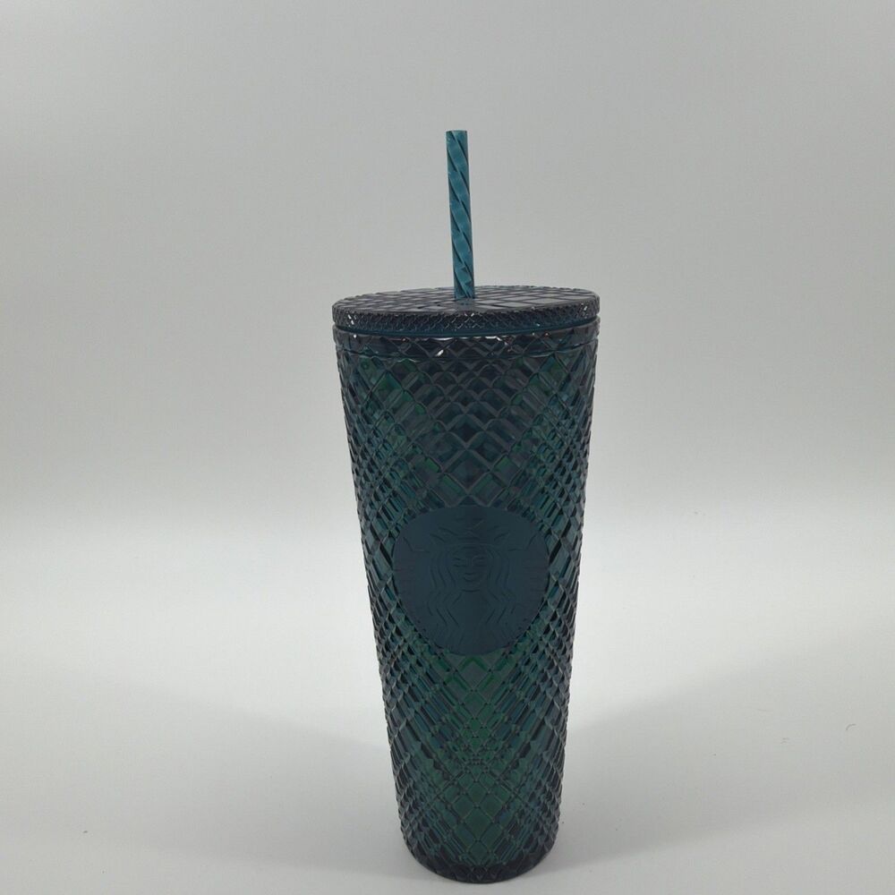 Starbucks Dark Emerald Green Diamond Studded Tumbler Cold Beverage Cup 24oz